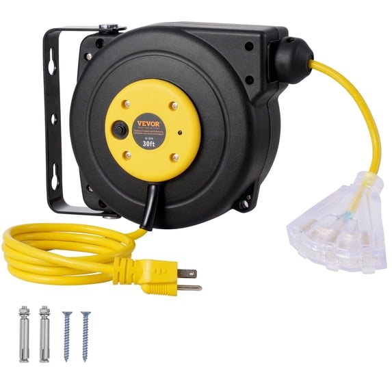 VEVOR Retractable Extension Cord Reel, 30 FT, Heavy Duty 16AWG/3C SJTOW Retractable Power Cord Reel with Lighted Triple Tap Outlet 10 Amp Circuit Breaker 4.5FT Lead-in Cord,for Ceiling or Wall Mount