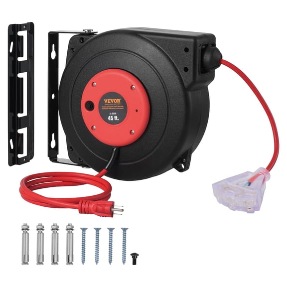 VEVOR Retractable Extension Cord Reel, 45 FT, Heavy Duty 12AWG/3C SJTOW Retractable Power Cord with Lighted Triple Tap Outlet, 15 Amp Circuit Breaker 180 Swivel Bracket for Ceiling or Wall Mount
