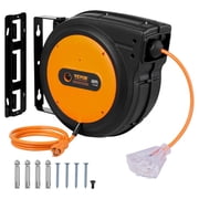 VEVOR 65ft Retractable Extension Cord Reel, Heavy Duty 12AWG/3C SJTOW Retractable Power Cord with Lighted Triple Tap Outlet, 15 Amp Circuit Breaker 180  Swivel Bracket for Ceiling or Wall Mount
