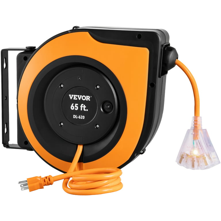 EP Retractable Extension Cord Reel,65 Feet 12 AWG/3C SJTOW Heavy Duty Power  Cord,15 AMP Circuit Breaker, 3-Lighted Triple Outlets,Ceiling or Wall