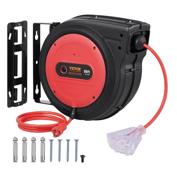 VEVOR Retractable Extension Cord Reel, 80 FT, Heavy Duty 12AWG/3C SJTOW Retractable Power Cord with Lighted Triple Tap Outlet, 15 Amp Circuit Breaker 180 Swivel Bracket for Ceiling or Wall Mount