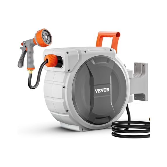 VEVOR Retractable Garden Hose Reel, 1/2 Inch x 84 ft Wall Mounted Hose Reel, Heavy Duty Garden Hose Reel with 9 Patterns Nozzle, Any Length Lock, Upgraded Slow Return System and 180°Swivel Bracket