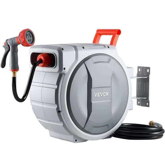VEVOR Retractable Garden Hose Reel, 1/2 in x 100 ft, Wall Mounted Hose Reel with 9-Function Sprayer Nozzle and 180 Swivel Bracket, Any Length Lock, Automatic Slow Rewind System, for Garden Watering