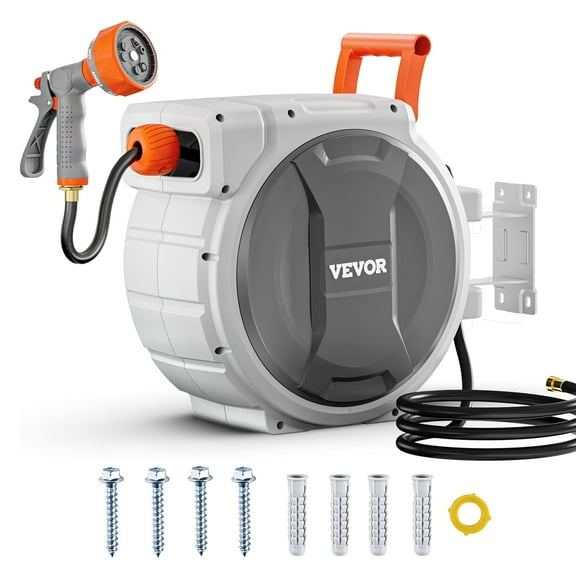 VEVOR Retractable Garden Hose Reel, 5/8 Inch x 100 ft Wall Mounted Hose Reel, Heavy Duty Garden Hose Reel with 9 Patterns Nozzle, Any Length Lock, Upgraded Slow Return System and 180°Swivel Bracket