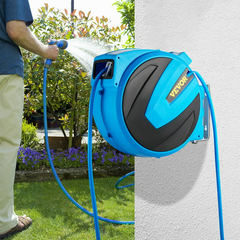 Bentism Retractable Hose Reel, 65 ft x 5/8 inch, 180 Swivel Bracket Wall-mounted, Garden Water Hose Reel with 9-Pattern Nozzle, Automatic Rewind, Lock