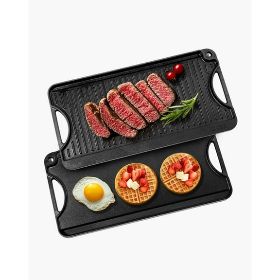 VEVOR Reversible Grill/Griddle, 20x10 inch Pre-Seasoned Cast Iron Griddle, Portable Rectangular Pan with Handle, Family Cookware for Indoor/Outdoor Stove Top Burner, Gas, Camping BBQ, Black