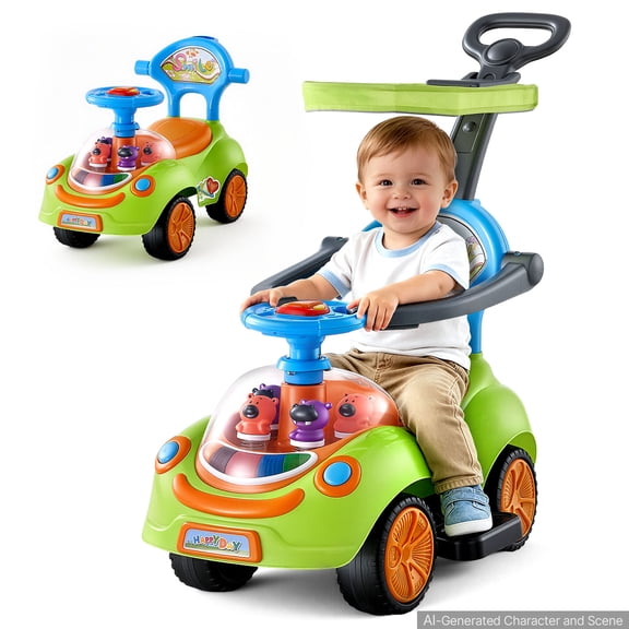 VEVOR Ride On Push Car for Toddler 19+ Months Sit-to-Stand Push Car Handle, for Boys Girls, Around Buggy with Guardrails, Detachable Canopy, Music & Light & Storage, Detachable Back,Indoor Outdoor