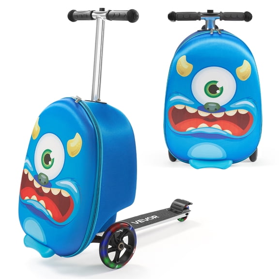 VEVOR Ride-on Luggage, 20 L Capacity, 20 Inches Kids Scooter Suitcase with Flash PU Wheels, Adjustable Handle & TPR Non-Slip Grip, Foldable & Lightweight Scooter Luggage for Kids Aged 5+, Blue