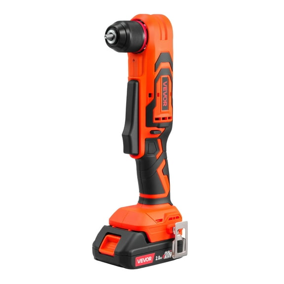 VEVOR Right Angle Drill, 3/8 Inch Chuck, 90 Degree Cordless Right Angle Drill with Brushless Motor, Battery, Charger, and Belt Clip, Adjustable Speed, for Fastening and Loosening in Tight Spaces