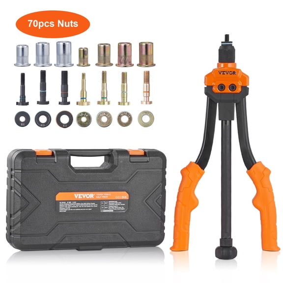 VEVOR Rivet Nut Tool, 14 Rivnut Tool Kit with 7 PCS Metric and SAE Mandrels, 70 PCS Assorted Rivet Nuts, 10-24, 1/4-20, M6, 5/16-18, M8, 3/8-16, M10, Rivet Nut Kit With Rugged Carrying Case
