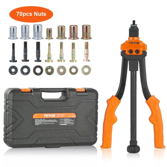 VEVOR Rivet Nut Tool, 14 in Rivnut Tool Kit with 7 PCS Metric and SAE Mandrels, 70 PCS Assorted Rivet Nuts, 10-24, 1/4-20, M6, 5/16-18, M8, 3/8-16, M10, With Rugged Carrying Case, for DIY, Repairs