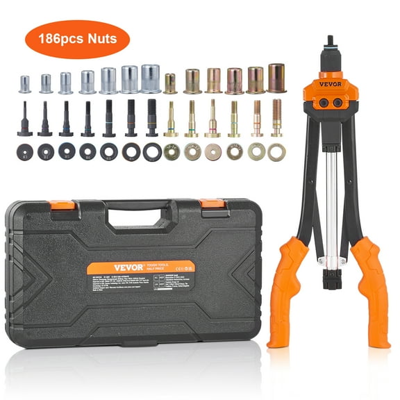 VEVOR Rivet Nut Tool, 16 inch Rivnut Tool Kit with 13PCS Metric and SAE Mandrels, 186PCS Rivet Nuts, Semi-auto Retraction, M3, M4, M5, M6, M8, M10, M12, 1/4-20, 5/16-18, 3/8-16, 1/2-13, 8-32, 10-24