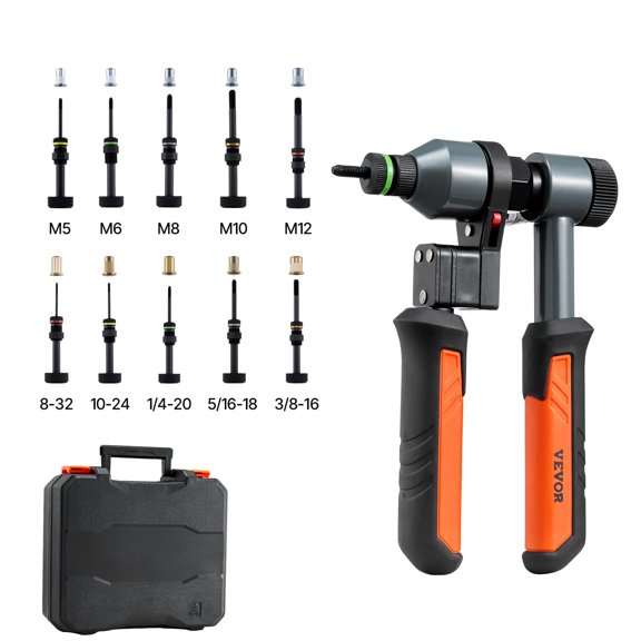 VEVOR Rivet Nut Tool Kit, 9-Inch Ratchet Rivnut Tool Kit, with 10 Mandrels and 100 Nuts, Metric and SAE Size M5, M6, M8, M10, M12, 8-32, 10-24, 1/4-20, 5/16-18, 3/8-16 UNC, with a Rugged Carrying Cas