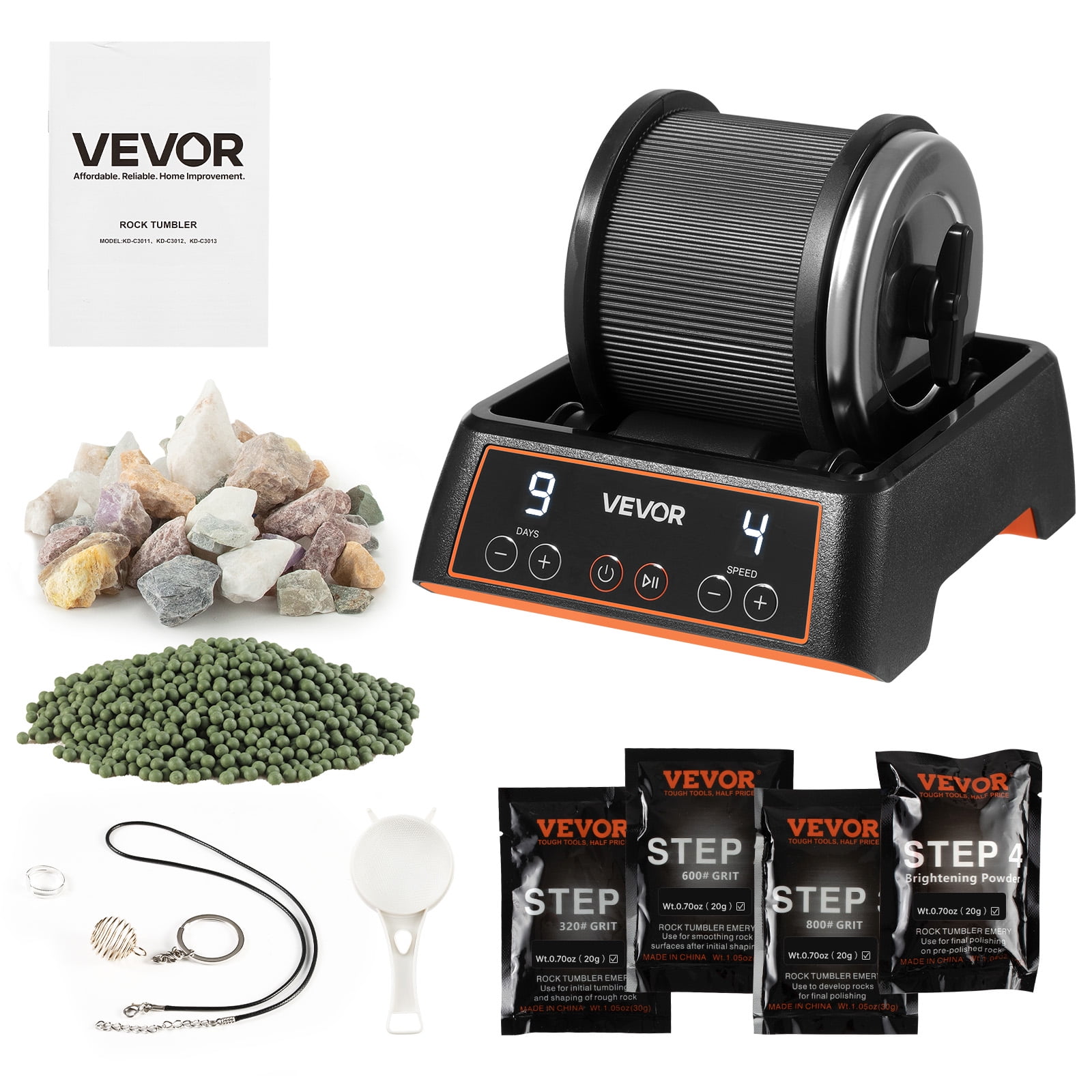 VEVOR Rock Tumbler, 1 lb Rock Polishing Machine, Rocks Tumbling Kit with 4-Speed Adjustment, 19 Day Timer, Direct Drive Motor Rocks Polishing Kit for Rose Quartz, Amethyst, Quiet Operation