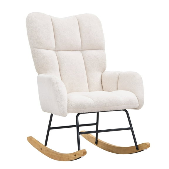 VEVOR Rocking Chair Nursery, Glider Rocking Chair with Soft Seat and High Backrest, 250 lbs Weight Capacity Teddy Fabric, Upholstered Glider Rocker Chair for Nursery, Bedroom, Living Room,Ivory White