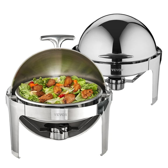 VEVOR Roll Top Chafing Dish Buffet Set, 6 Qt 2 Pack, Stainless Steel Chafer with 2 Full Size Pans, Round Catering Warmer Server with Lid Water Pan Stand Fuel Holder