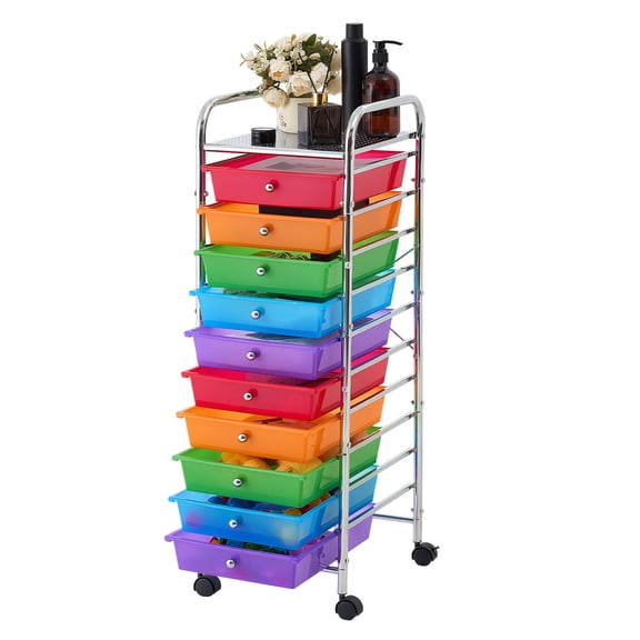 VEVOR Rolling Cart with Drawers, 10 Drawer Storage Organizer, Mobile Utility Cart with Steel Frame, Universal Casters & 2 Brakes, Great for Office, Classroom, Craft Tools, Garage, Studio, Rainbow