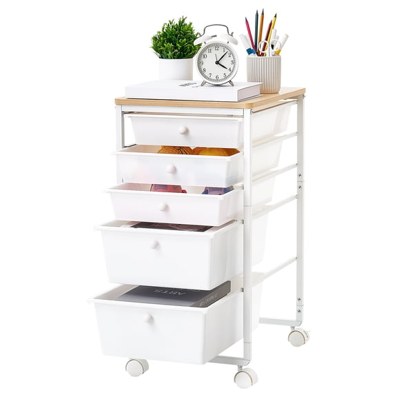 VEVOR Rolling Cart with Drawers, 5 Drawer Storage Organizer, Mobile Utility Cart with Wood Top, Steel Frame, Universal Casters & 2 Brakes, for Office, Classroom, Craft Supplies, Bedroom, Makeup,White