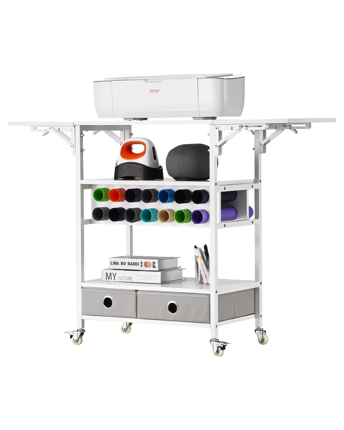 VEVOR Rolling Craft Cart and Storage Table, Compatible with Cricut Machines, Collapsible Cricut Table with Foldable Sides, Craft Rolling Storage Organizer with 14 Vinyl Roll Holders and 2 Drawers