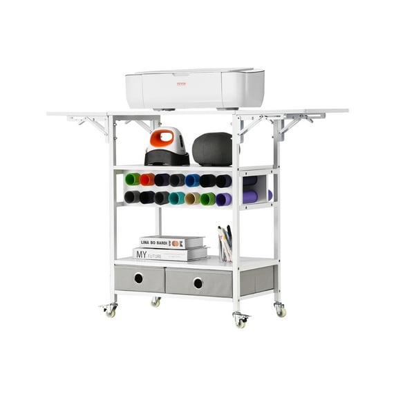 VEVOR Rolling Craft Cart and Storage Table, Compatible with Cricut Machines, Collapsible Cricut Table with Foldable Sides, Craft Rolling Storage Organizer with 14 Vinyl Roll Holders and 2 Drawers