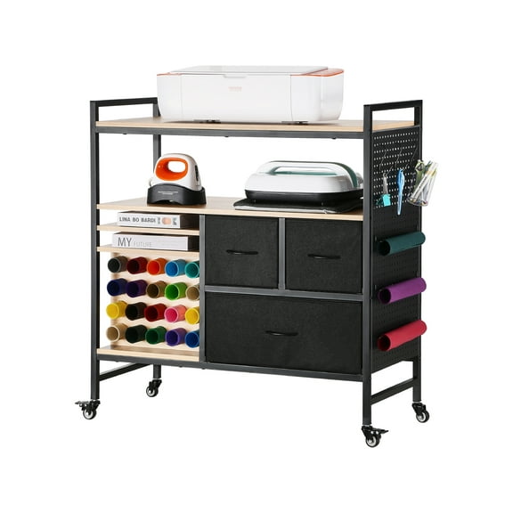 VEVOR Rolling Craft Cart and Storage Table, Compatible with Cricut Machines, Crafting Table Organization Workstation, Craft Rolling Storage Organizer with 20 Vinyl Roll Holders and 3 Drawers, Black