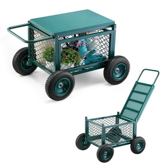 VEVOR Rolling Garden Cart with Seat, Metal Rolling Garden Work Seat with Wheels, Supports up to 400 LBS, Heavy Duty Gardening Cart Scooter, Outdoor Wagon & Stool on Wheels for Lawn, Patio, Backyard