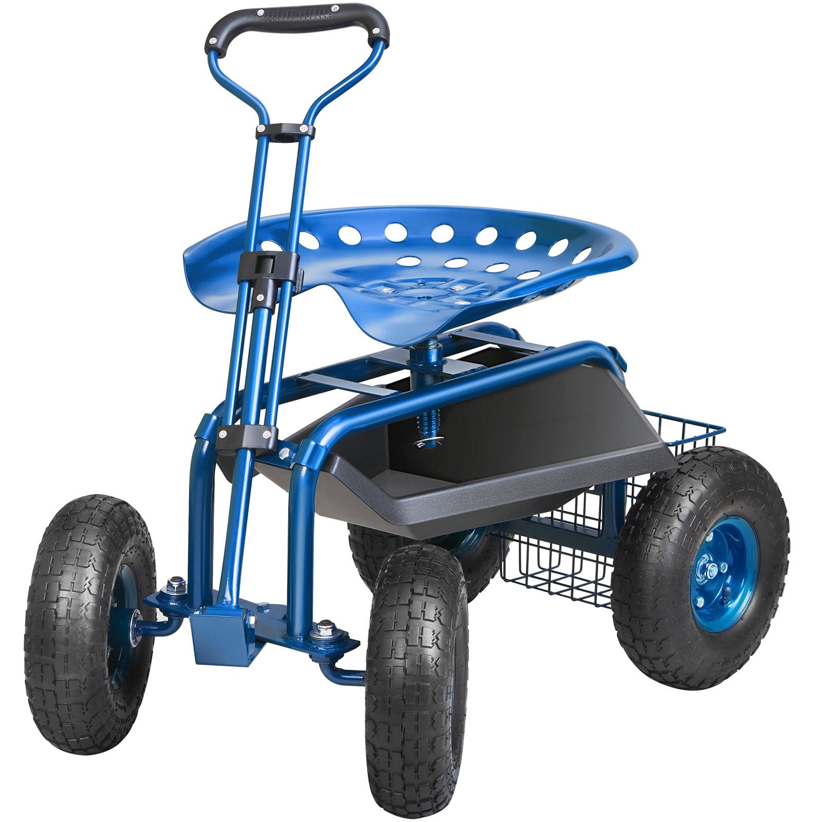 Blue Steel Rolling Garden Work Seat with Swivel and Storage
