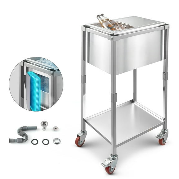 VEVOR Rolling Ice Chest Cooler Cart, 20"L x 14"W x 38"H Stainless Steel Cooling Bin on Wheels, 29.6 Quart Outdoor Stand Up Cooler Trolley with Shelf, for Patio Backyard Party Bar Cold Drinks