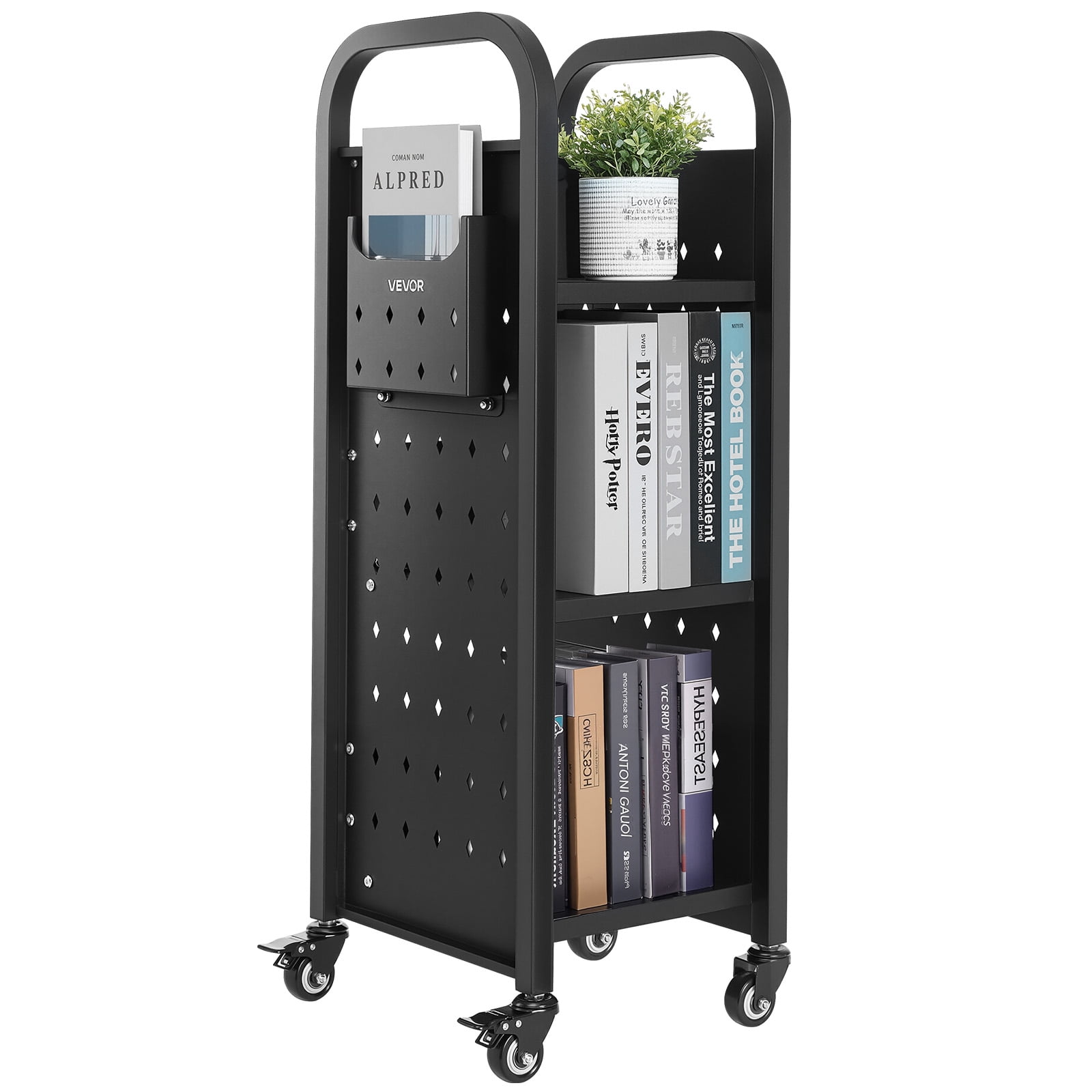 VEVOR Rolling Library Book Cart, 220 lbs Capacity, 12.6 x 13.8 x 36.8-Inch Library Cart, Single Sided L-Shaped Shelves with 2-Inch Lockable Wheels, Book Truck for Home Shelves Office and School