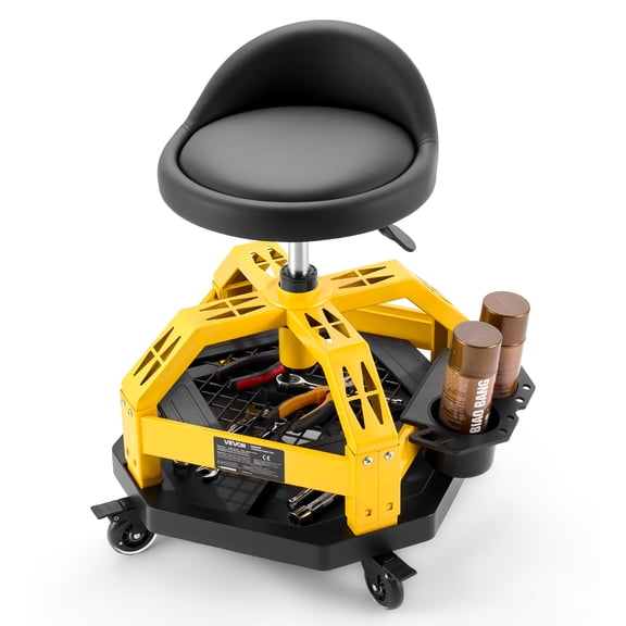 VEVOR Rolling Shop Stool with Wheels, 19.7"-25.6" Adjustable Height, 360 Swivel, 330 lbs Capacity, Garage Work Mechanic Stool with Backrest, Tool Tray Storage, Padded Seat Shop Chair, Black/Yellow