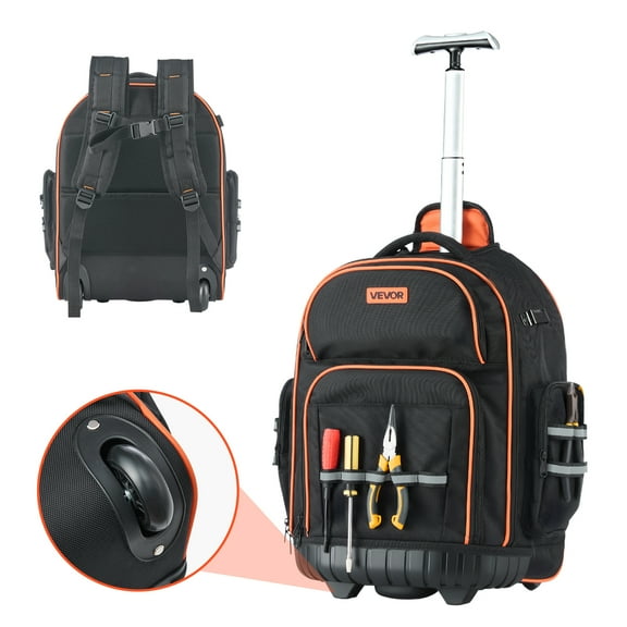 VEVOR Rolling Tool Backpack, 110 lbs Load Capacity, 45 Pockets Heavy Duty Roller Tool Bag on Wheels, Adjustable Telescoping Handle & Stable Base, Toolbag Organizers for Construction, Mechanic