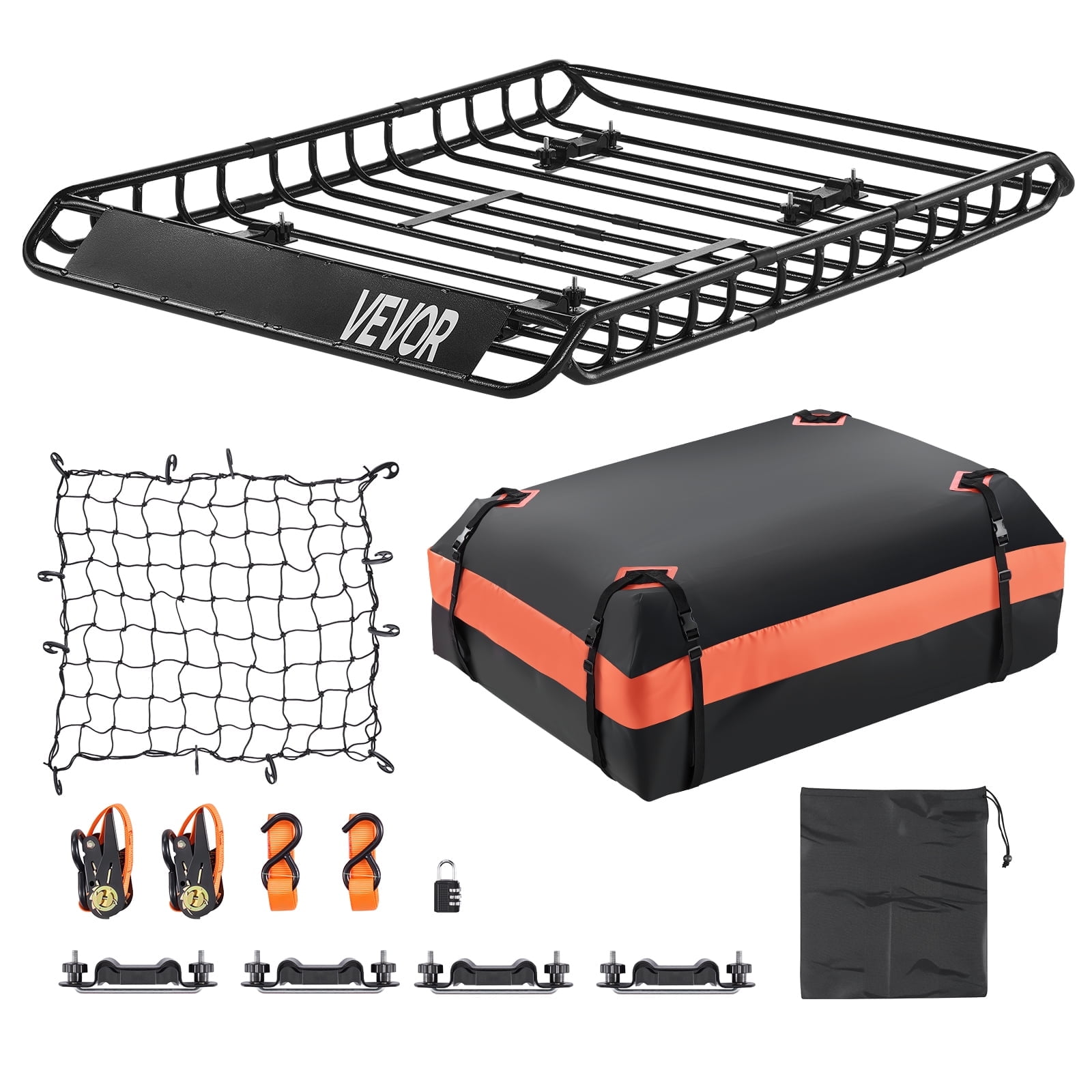 VEVOR Roof Rack Basket, 51 x 36 x 4.1 in, Universal Rooftop Cargo Carrier with 1120 x 870 x 260 mm Cargo Bag, Net, Ratchet Straps, 200 lbs Max Load Capacity Car Top Luggage Holder