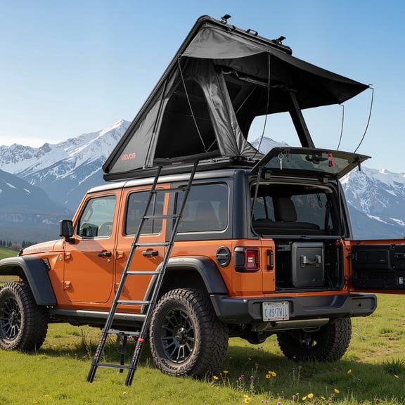 VEVOR Rooftop Tent Hard Shell, 2-3 Person Aluminum Roof Top Tent Hardshell with Tri-Color LED Light & Thick Mattress, Waterproof Windproof Overland Camping Car Roof Rack Suitable for Jeep SUV Pickup