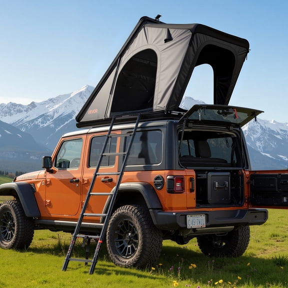VEVOR Rooftop Tent Hard Shell, 2-3 Person Aluminum Roof Top Tent Hardshell with Tri-Color LED Light, Thick Mattress & Window, Waterproof Windproof Overland Camping Car Roof Rack for Jeep SUV Pickup