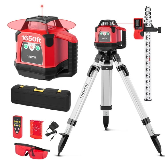 VEVOR Rotary Laser Level Kit, 1650ft 360-Degree Self Leveling Red Horizontal Laser Transit,with Heavy-duty Tripod, Receiver,Remote Control,Toolcase,IP54 Waterproof,0.06 in/100 ft for Construction