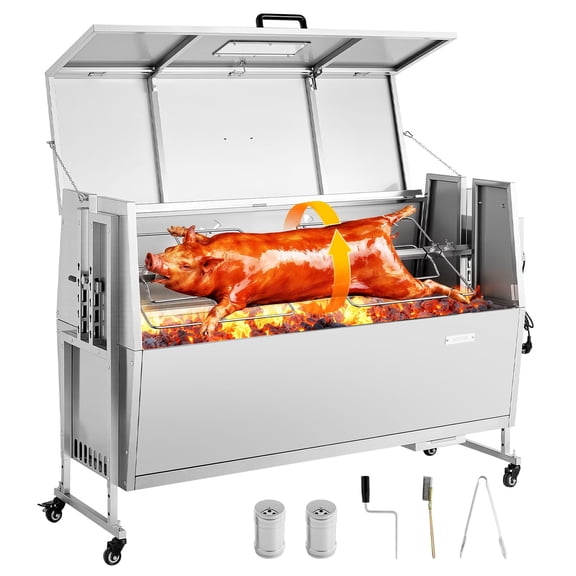 VEVOR Rotisserie Grill, 38W BBQ Outdoor Pig & Lamb Spit Roaster, Charcoal Spit Roaster with 132 LBS Capacity, Wheels & 4-Level Height,Stainless Steel Electric Rotisserie Grill Kit for Camping Outdoor