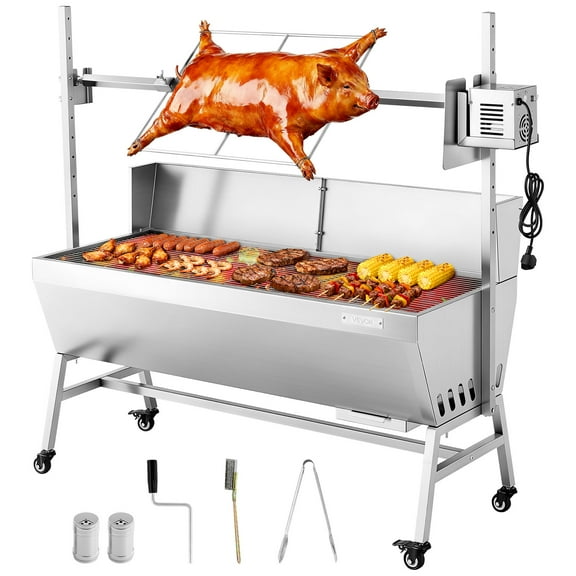 VEVOR Rotisserie Grill, 38W BBQ Outdoor Pig & Lamb Spit Roaster, Charcoal Spit Roaster with 132 LBS Capacity, Wheels & 4-Level Height,Stainless Steel Electric Rotisserie Grill Kit for Camping Outdoor