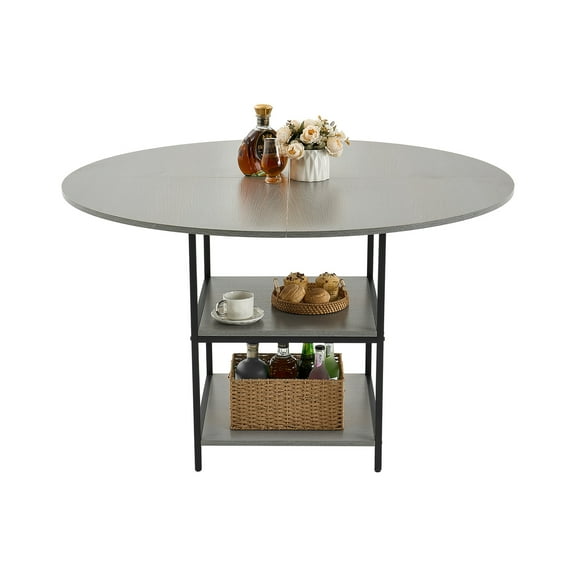 VEVOR Round Dining Table, 47 inch Wood Table for 4-6 Person, Modern Circle Dinner Furniture, Leisure Tables with Storage Shelf and Metal Legs, for Home Kitchen Living Room, Grey (Only Table)