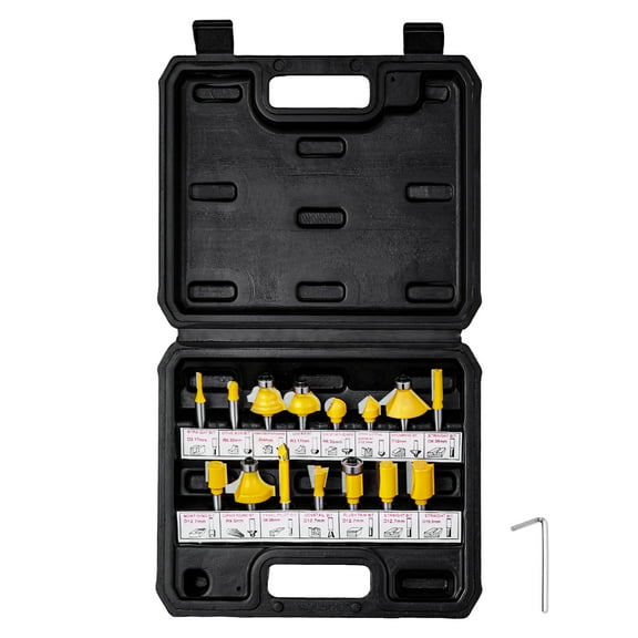 VEVOR Router Bits Set, 15 Pieces, Carbide Router Bit Kit with 1/4 Inch Shank, Plastic Carrying Case, Woodworking Tools for Professional and Beginners Carpenter, for Wood MDF Particle Board Plywood