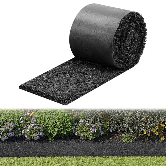 VEVOR Rubber Mulch Mat Roll, 140 x 4.5 in, Recycled Rubber Permanent Mulch Edging Border, Natural-Looking Flower Barrier with Stakes, 0.5 in Thick Cuttable Garden Edgings for Landscaping
