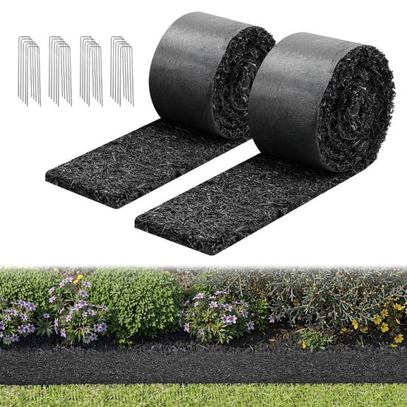 VEVOR Rubber Mulch Mat Roll, 2 Rolls 120 x 4.5 in, Recycled Rubber Permanent Mulch Edging Border, Natural-Looking Flower Barrier with Stakes, 0.5 in Thick Cuttable Garden Edgings for Landscaping