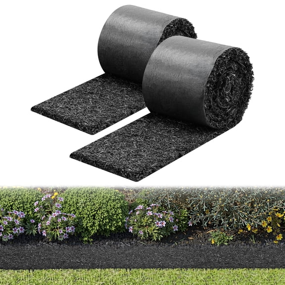 VEVOR Rubber Mulch Mat Roll, 2 Rolls 140 x 4.5 in, Recycled Rubber Permanent Mulch Edging Border, Natural-Looking Flower Barrier with Stakes, 0.5 in Thick Cuttable Garden Edgings for Landscaping