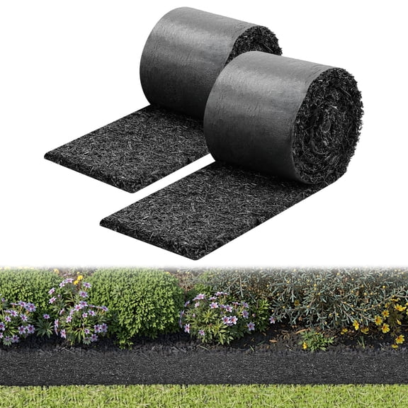 VEVOR Rubber Mulch Mat Roll, 2 Rolls 140 x 4.5 in, Recycled Rubber Permanent Mulch Edging Border, Natural-Looking Flower Barrier with Stakes, 0.5 in Thick Cuttable Garden Edgings for Landscaping