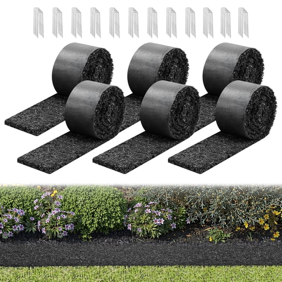 VEVOR Rubber Mulch Mat Roll, 6 Rolls 120 x 4.5 in, Recycled Rubber Permanent Mulch Edging Border, Natural-Looking Flower Barrier with Stakes, 0.5 in Thick Cuttable Garden Edgings for Landscaping