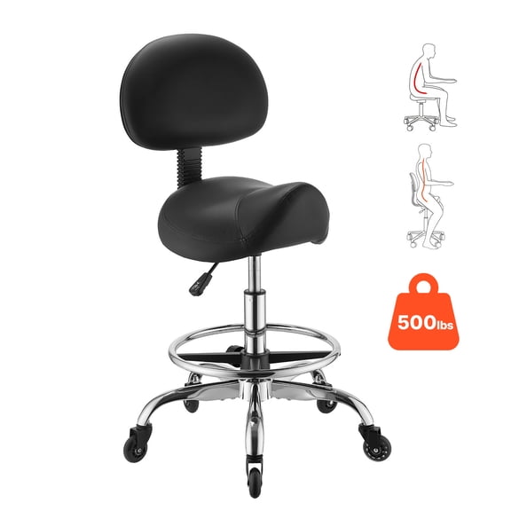VEVOR Saddle Stool with Back Support Footrest, 500 lbs Weight Capacity, Height Adjustable, Quiet Casters, PU Leather Seat, 360 Swivel Saddle Stool Rolling Chair for Salon, Spa, Bar, Medical, Black