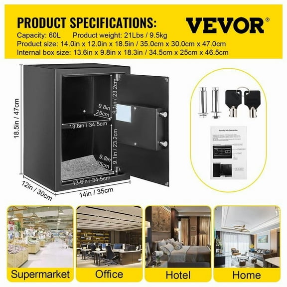 VEVOR Safe Box, 2.1 Cubic Feet Money Safe with Fingerprint Lock and Digital Keypad, Fireproof Home Safes with A Removable Shelf, Wall-Mounted Security Safe for Cash, Watch, Passport, Document, Black