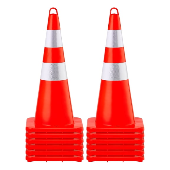 VEVOR Safety Cones, 12 x 28" Traffic Cones, PVC Orange Construction Cones, 2 Reflective Collars Traffic Cones with Weighted Base and Hand-Held Ring Used for Traffic Control, Driveway Road Parking