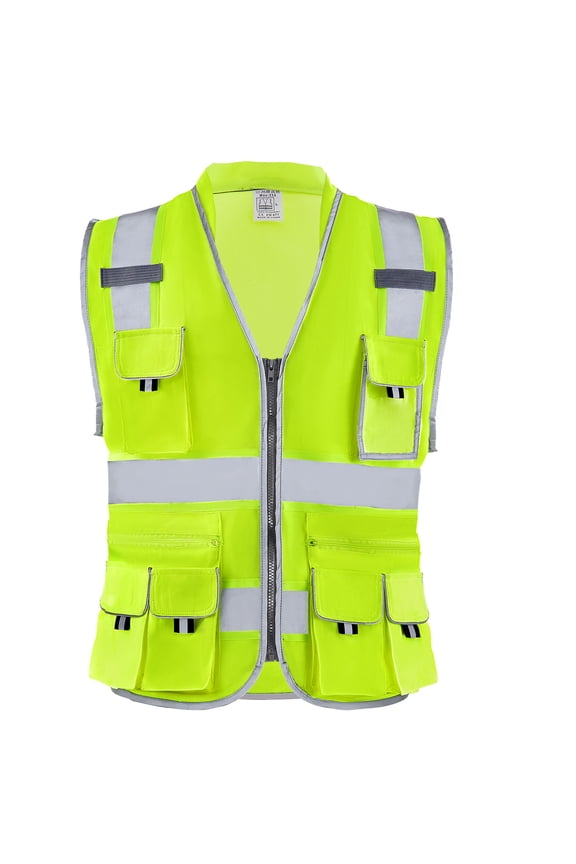 Safety Vest, 10 Pockets Yellow Safety Vest, Hi Vis Zipper Front Safety Vest with Reflective Strips, High Visibility Work Construction Vest with Pockets and Walkie-Talkie Clip, for Men & Woman