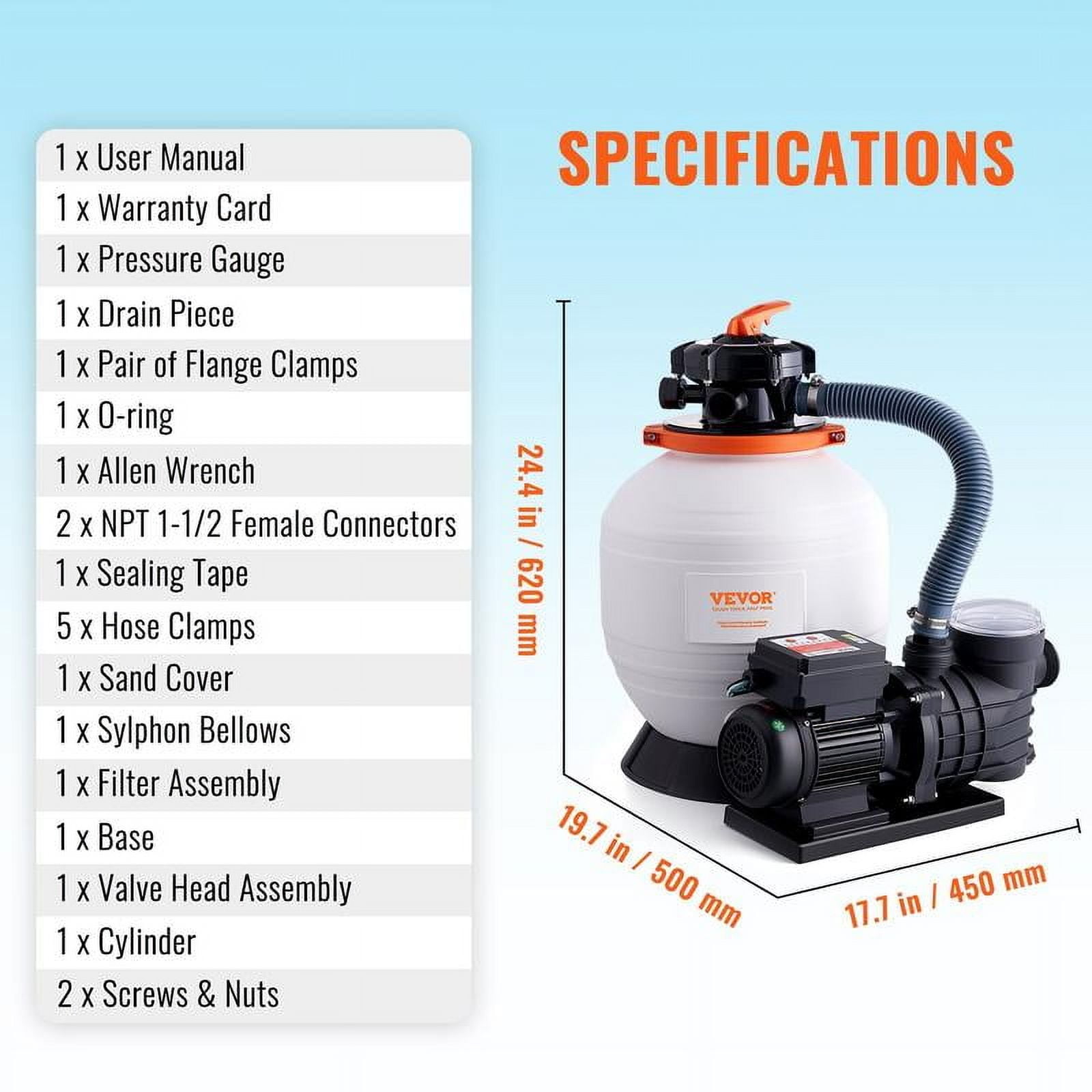 VEVOR 16" 3500 GPH Sand Filter Pump - 1HP Above Ground Pool System w/ 6 ...