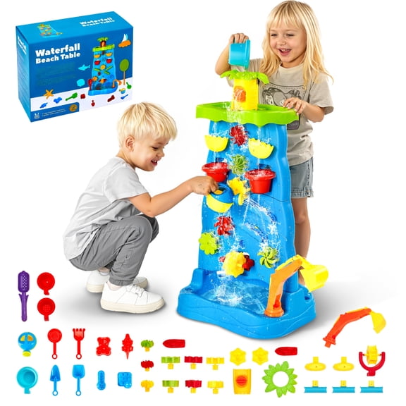 VEVOR Sand and Water Table for Toddlers, Double-Sided Kids Activity Waterfall Playset with 37PCS Accessories,Kids Activity Sensory Table,Outdoor Summer Sand Water Play Table for 3+ Years Boys Girls